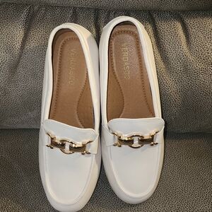 White Slip-On Loafers with Gold Chain Accent - Women’s Flats